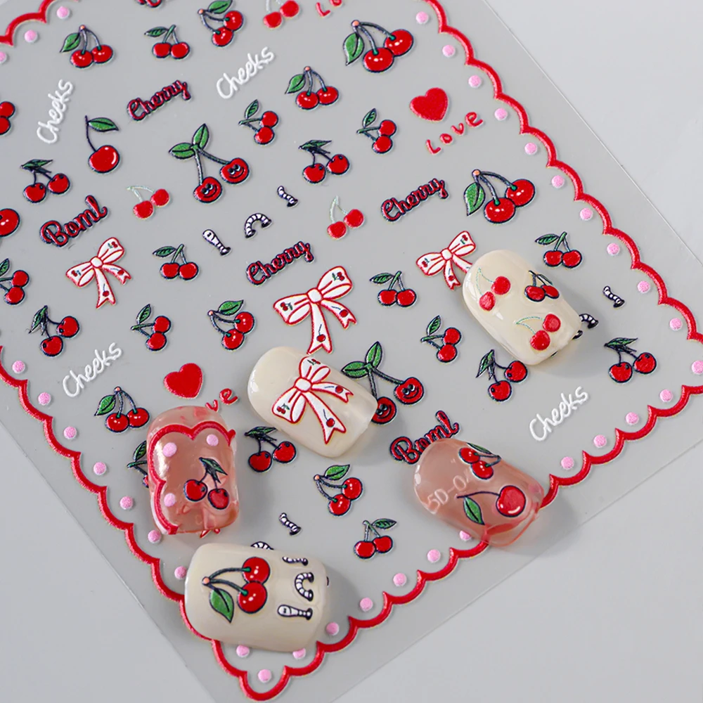 

5D Cute Red Cherry Bow Nail Sticker Exquisite Summer Sweet Fruit Nail Decal Slider strawberry cherry DIY Nail Art Stickers#NK*%
