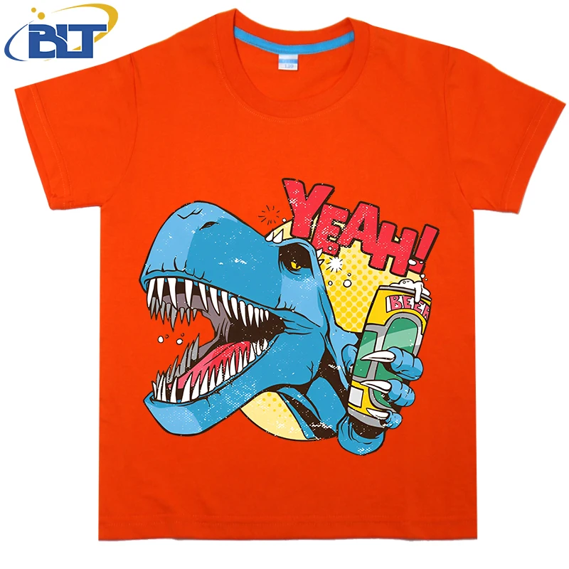 Drunk dino printed kids T-shirt, summer cotton short-sleeved casual top, suitable for both boys and girls