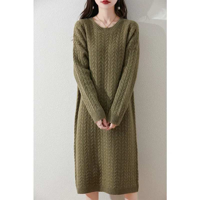 Women Loose Oversize Dresses 100% Wool Knitted Jumpers 2024 Autumn/Winter New Fashion Winter V-neck Long Dresses Female Pullover