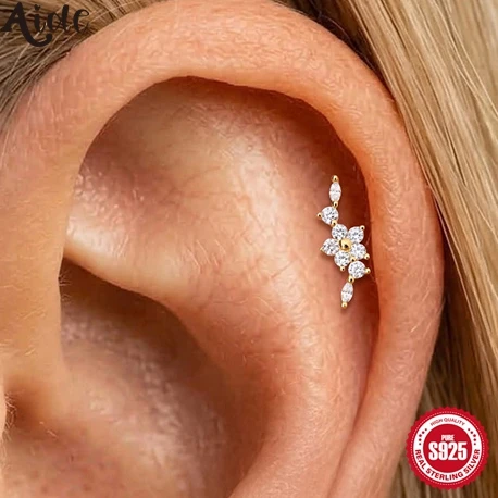 Aide 1PC 925 Sterling Silver Flower Earrings Ins Style All-Match Diamond-Encrusted Small Ear Bone Stud Ladies Jewelry For Girl