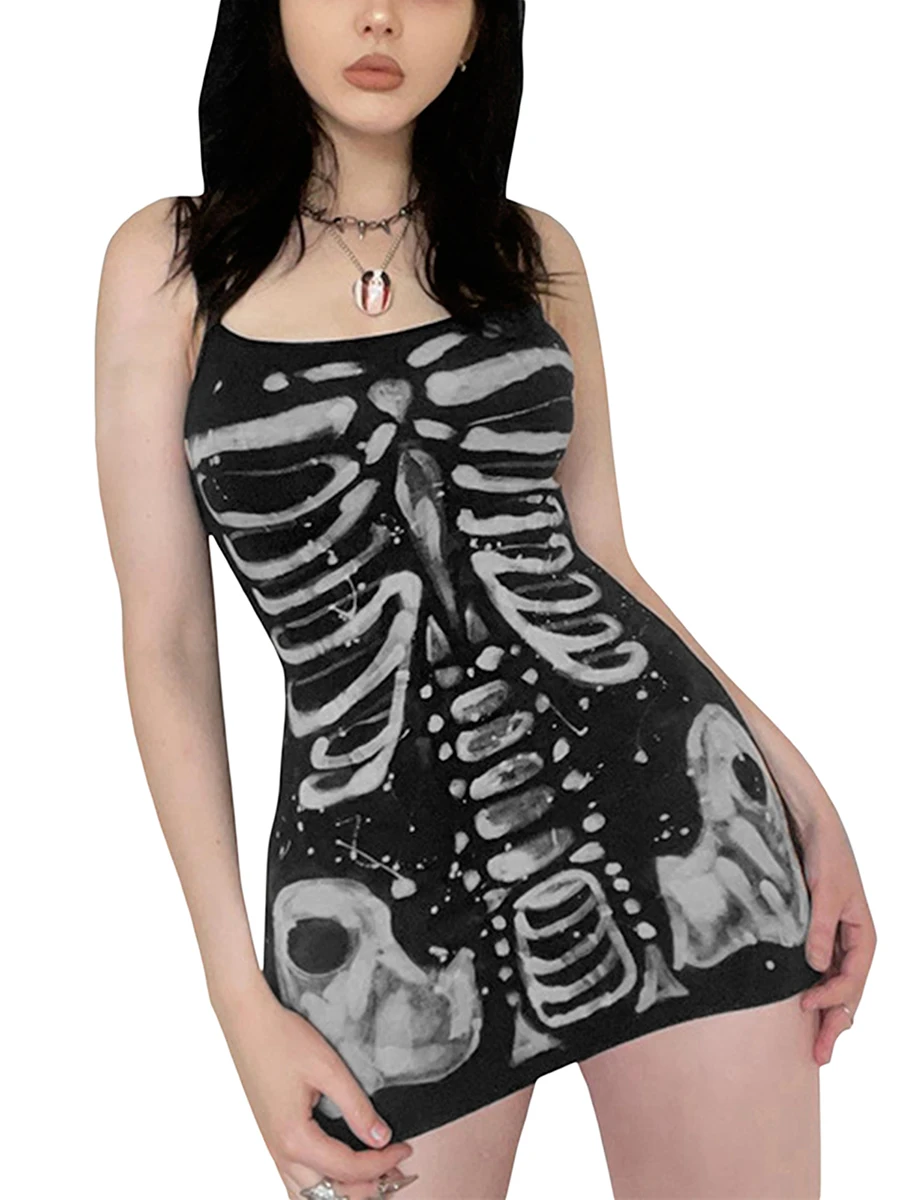 

Women Halloween Bodycon Dress Skeleton Printed Spaghetti Strap Sleeveless Mini Sling Dresses Party Club