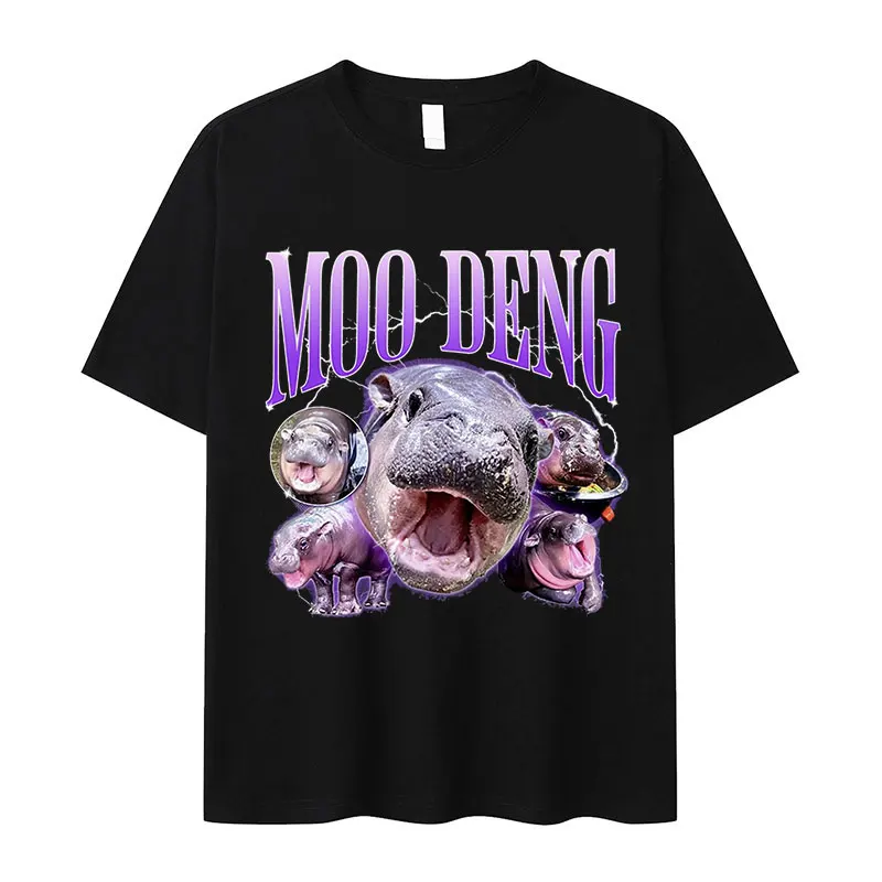 I'm Just Here for Moo Deng Baby Hippo Funny Meme T Shirt Men Women Retro Fashion Short Sleeve T-shirt 100% Cotton Oversized Tees