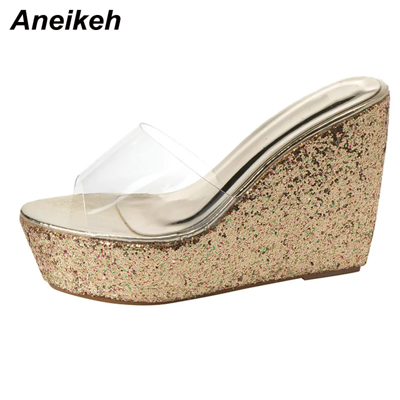 Aneikeh Summer 2024 New Fashion Sequins Transparent Rubber Wedge Heel Thick Sole Sandals for Women 10CM Open Toe Ladies Shoes