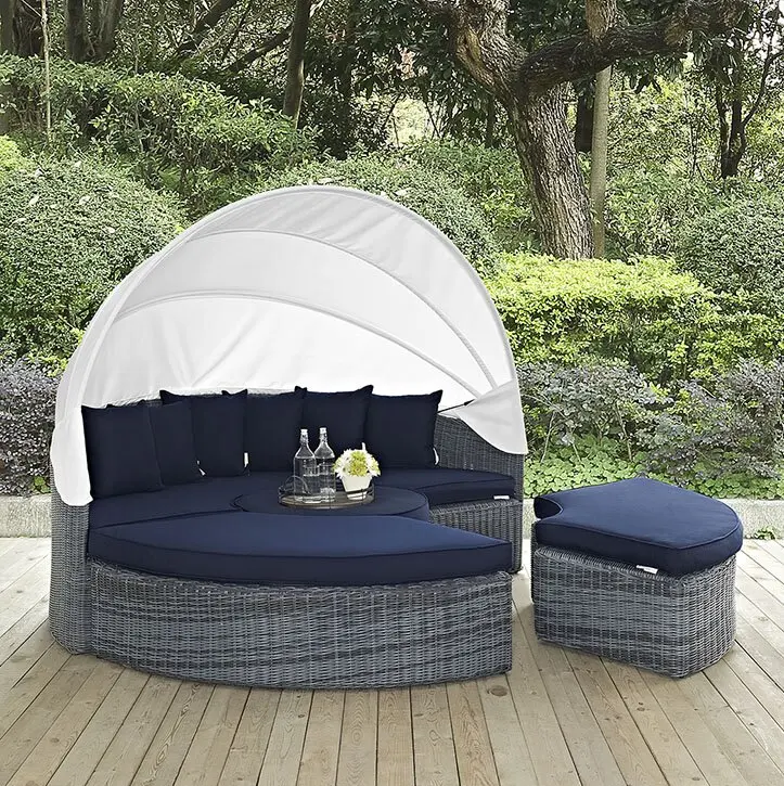 Outdoor Sun Lounger Rattan Wicker Round Daybed With Canopy Patio Furniture Beach Sunbed Round Rattan Poolside