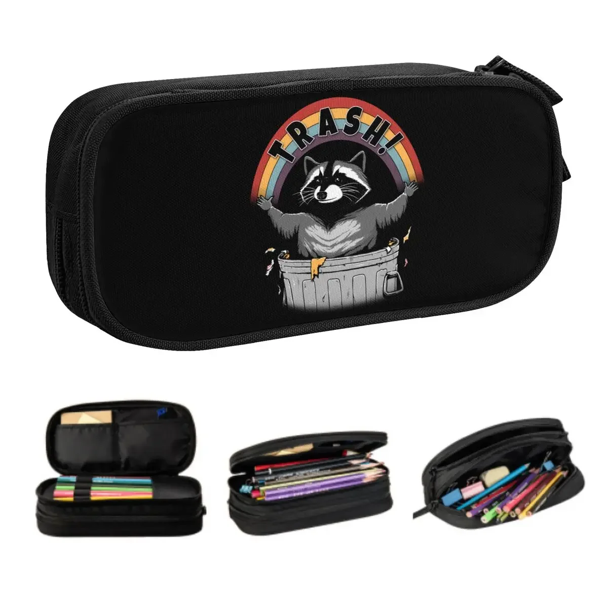 Custom Retro Live Fast Eat Trash Raccoon Pencil Cases for Boys Gilrs Large Storage Racoon Panda Pencil Box School Supplies