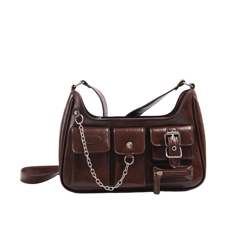 

Niche Hong Kong style biker antique bag vintage retro millennial hottie underarm bag senior bright leather women shoulder bags