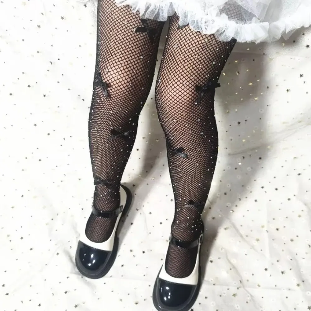 Colorful Children Rhinestone Fishnet Tights Breathable Net Texture Girls Mesh Pantyhose Nylon Bow Accents Sparkling Stockings JK