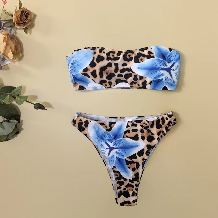 sexy blue big flower leopard print bandeau bikinis sets two pieces thong swimsuits bathing suit swimwear biquini tankini trikini