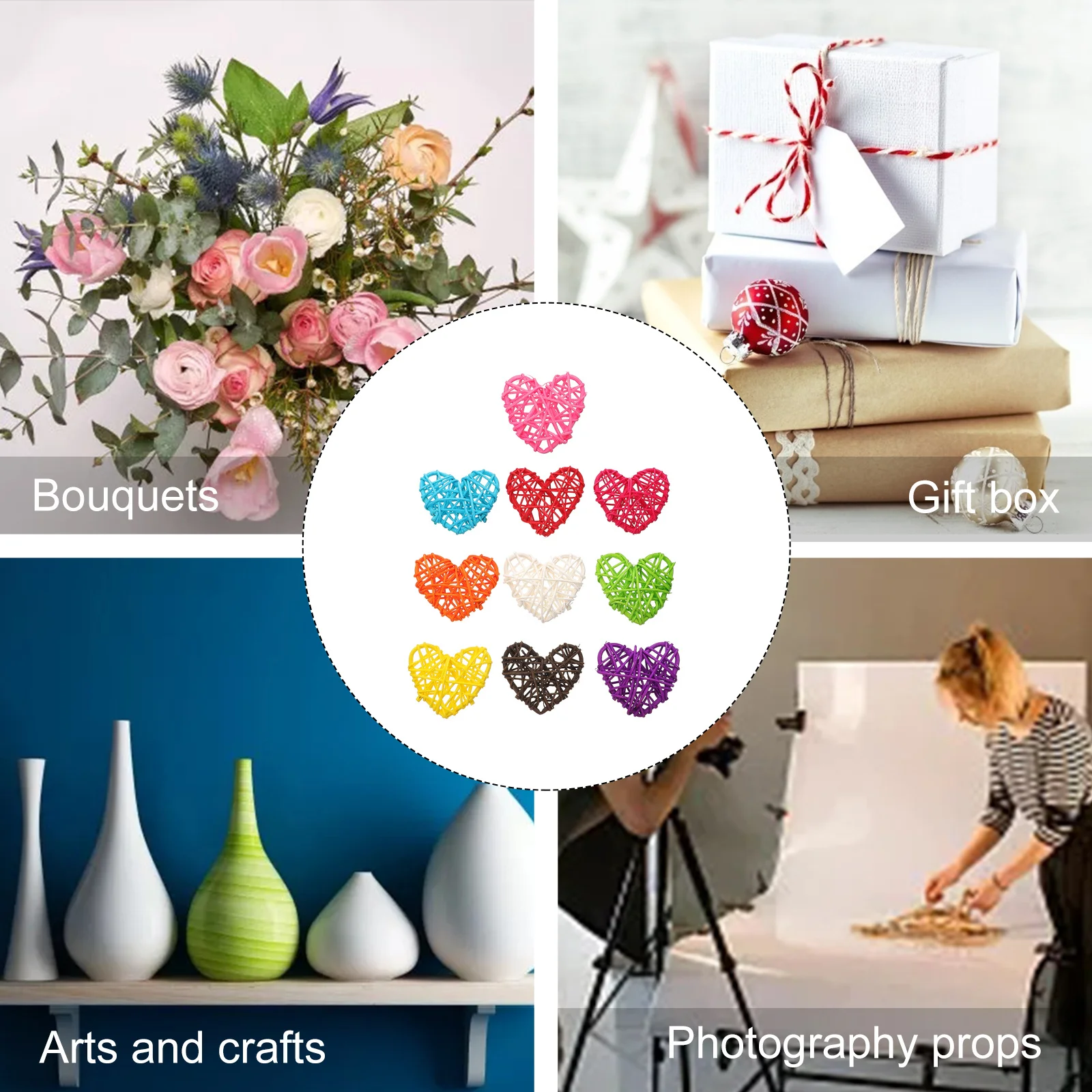 

10Pcs Rattan Heart Shape Woven Pendant Romantic Eco-Friendly Hanging Decoration for Home Party Rattan Weaving Pendants