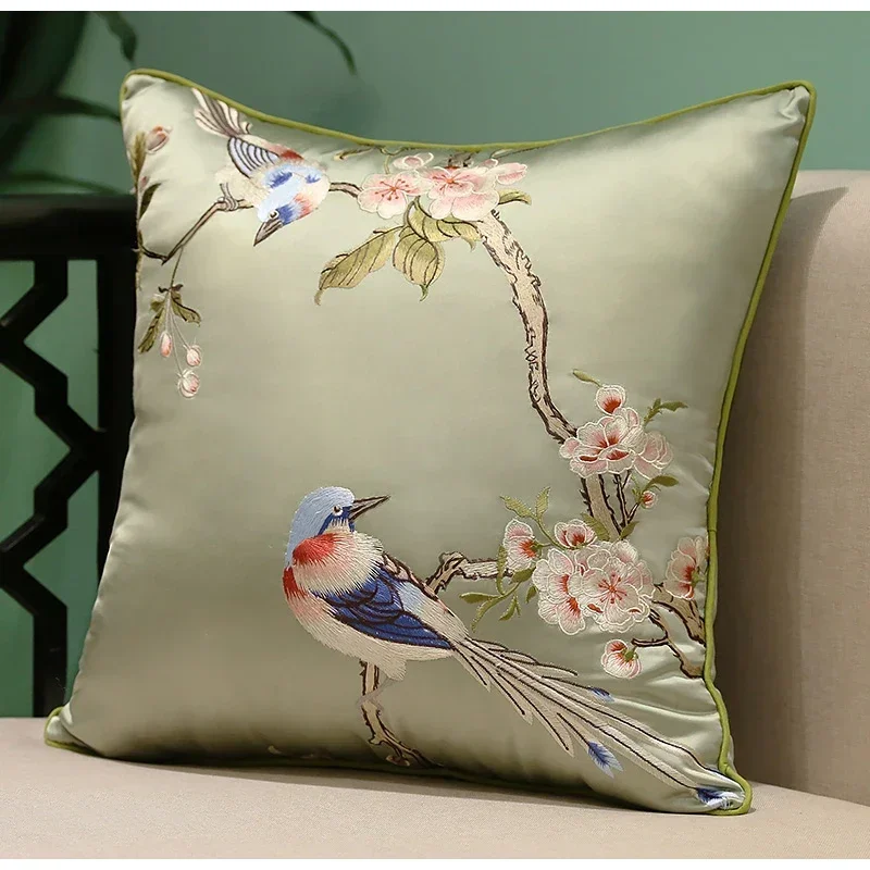 Cherry Blossom Birds Embroidery Cushion Cover Retro Chinoiserie Collection Satin Throw Pillow Case 45x45cm Spring Deco