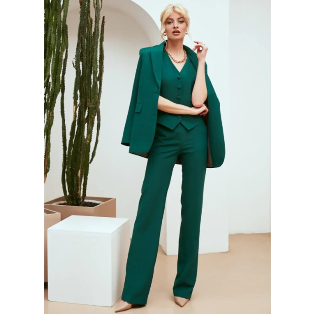 Elegant Green Women Suit 3 Piece Jacket Vest Pants Slim Fit One Button Female Clothing Fashion Chic Office Lady Blazer Set