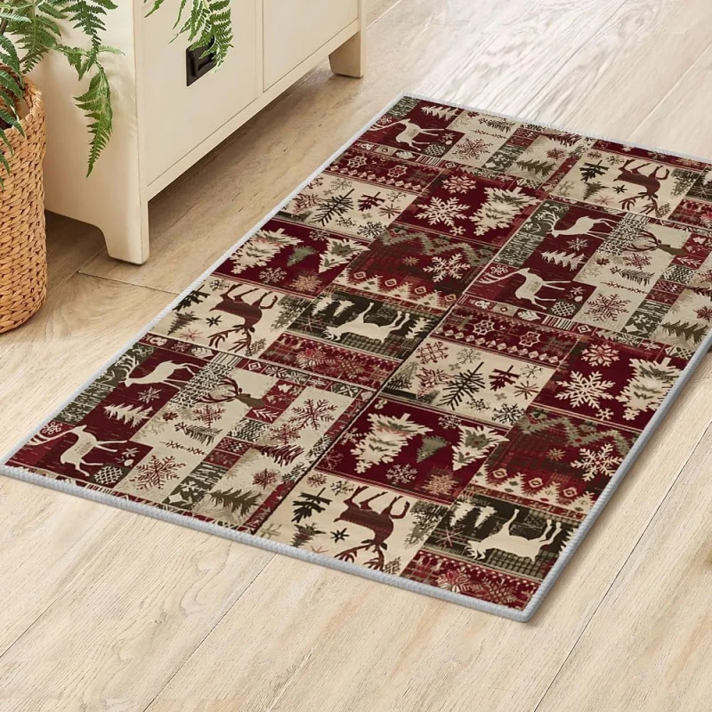 Christmas doormat, rural water buffalo deer snowflake carpet, winter home decoration, flannel floor mat 61X90cm