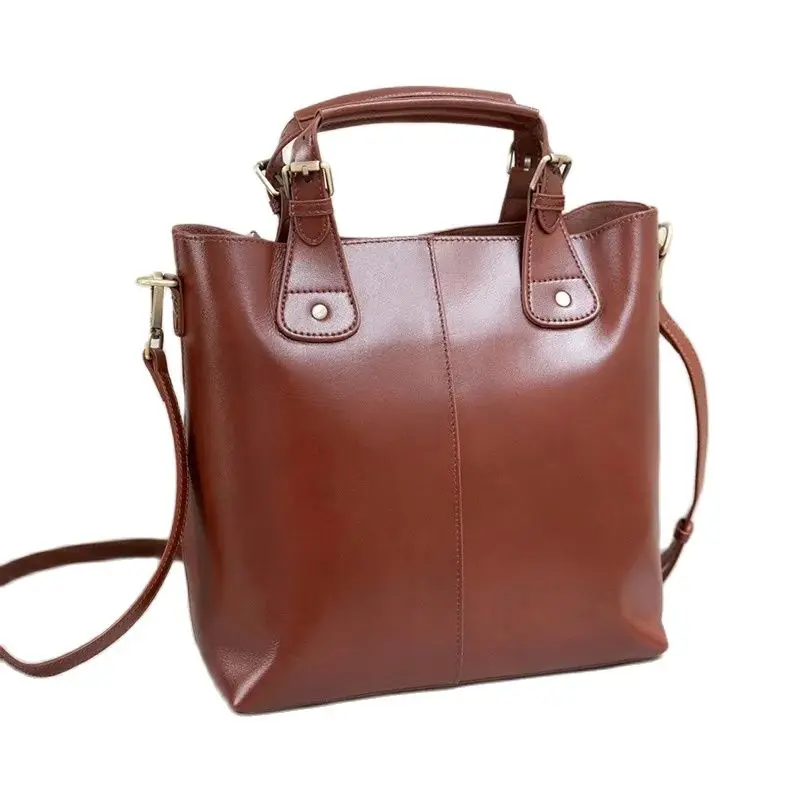 Zency 100% Genuine Leather Handbag Retro Coffee Red Women Casual Tote Bucket Bag Classic Lady Crossbody Messenger Purse Update