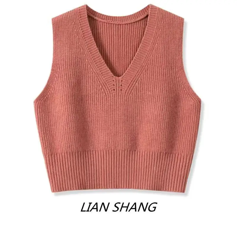Loose Women's Short Vest Top Autumn Winter Casual College Style Sweater Base Layer Knitted Shirt Versatile Brand Buckle