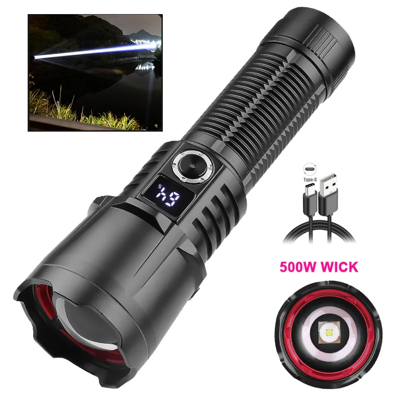 

990000000LM Powerful LED Flashlight 500 Watts USB-C Charging Torch Digital Display Telescopic Zoom Lantern 26650 for Camping