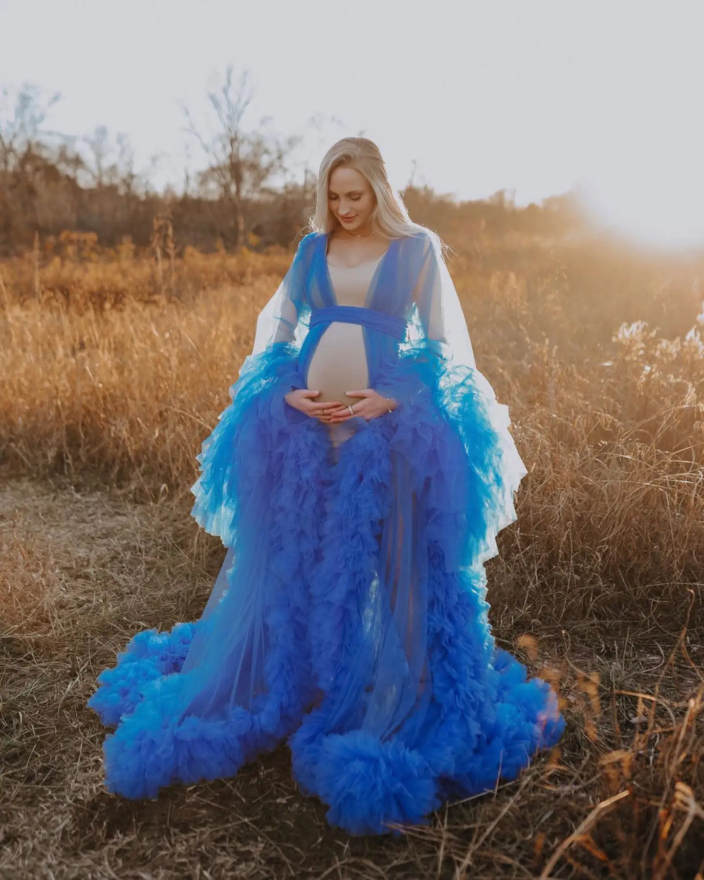 Royal Blue Maternity Dress With Fluffy Ruffles Tulle Sexy Sheer Mesh Tulle Robe Party Prom Gowns For Photography Custom Made