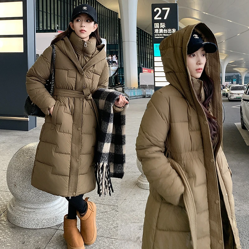 FIGOHR Women's 2024 Winter New Long Down Jacket Premium Solid Slim Overcoat Female Thickned Padded Jacket Hooded Long Parka Coat