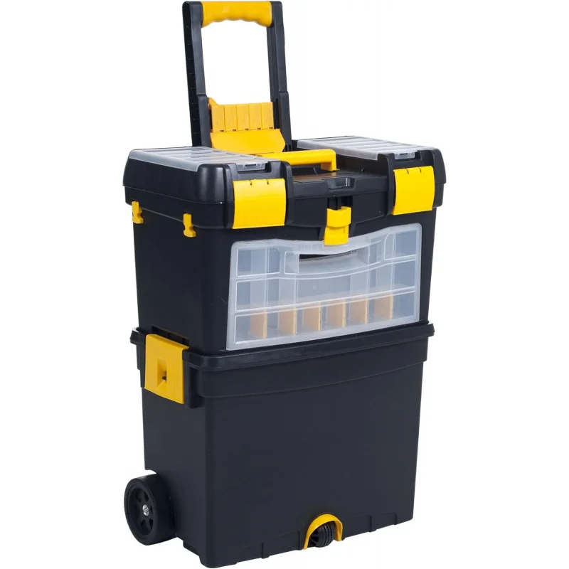 Portable Toolbox with Wheels - Stackable Tool Chest with Drawers - Mobile Utility Cart with Comfort Grip Handle and Tough Latche