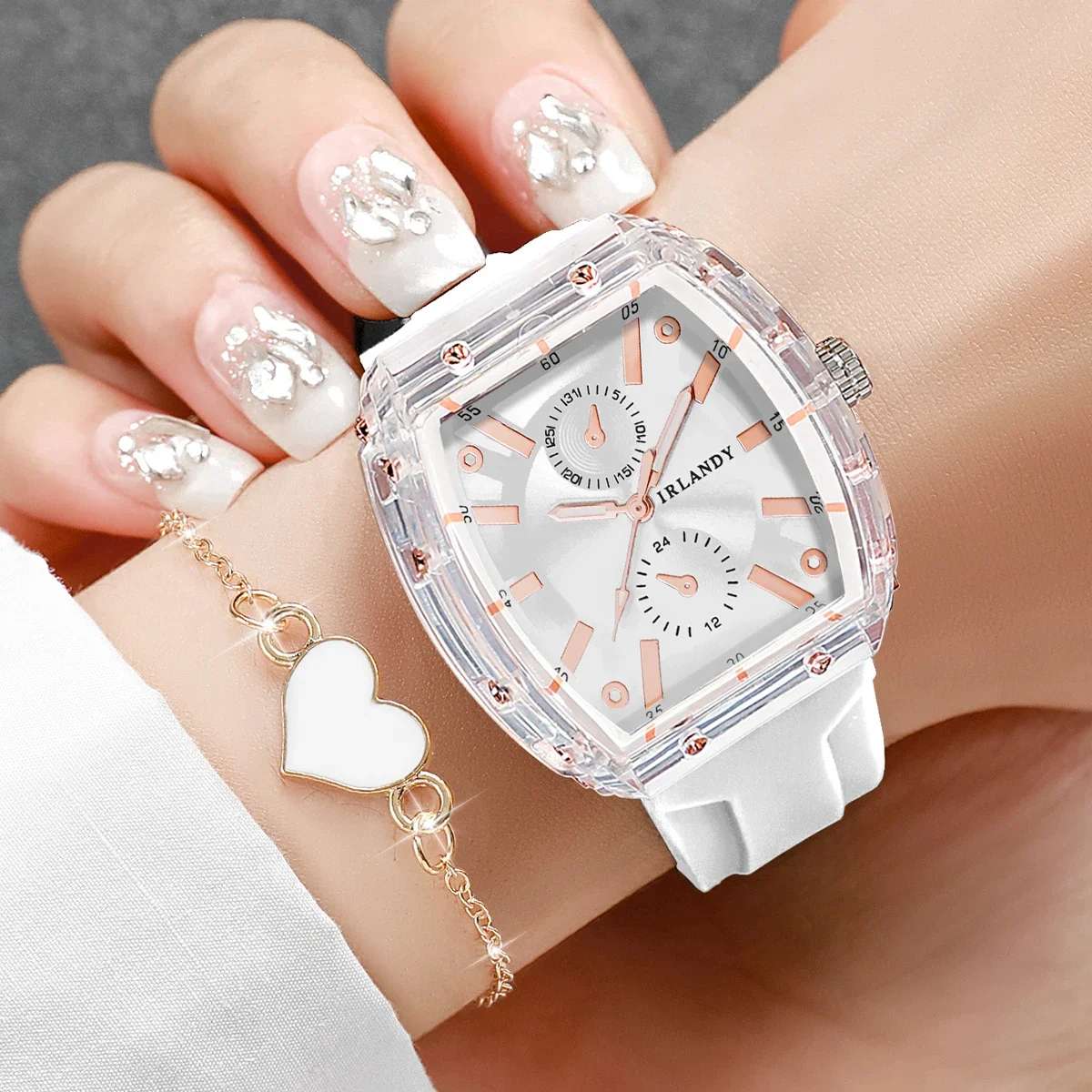 2PCS/Set Fashion Silicone Band Women Quartz Watch Large Dial Ladies Wristwatches Heart Bracelet Set Reloj Mujer（Without Box）