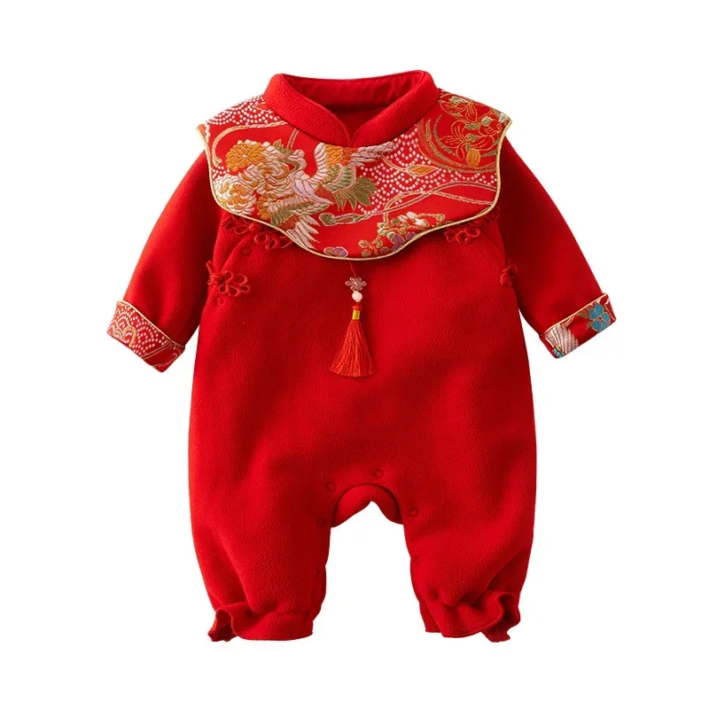 

2023NEW Newborn Baby Chinese Traditional Jumpsuit For Infant Floral Hanfu Red Tang Suit Birthday Romper Chinese New Year Outfits