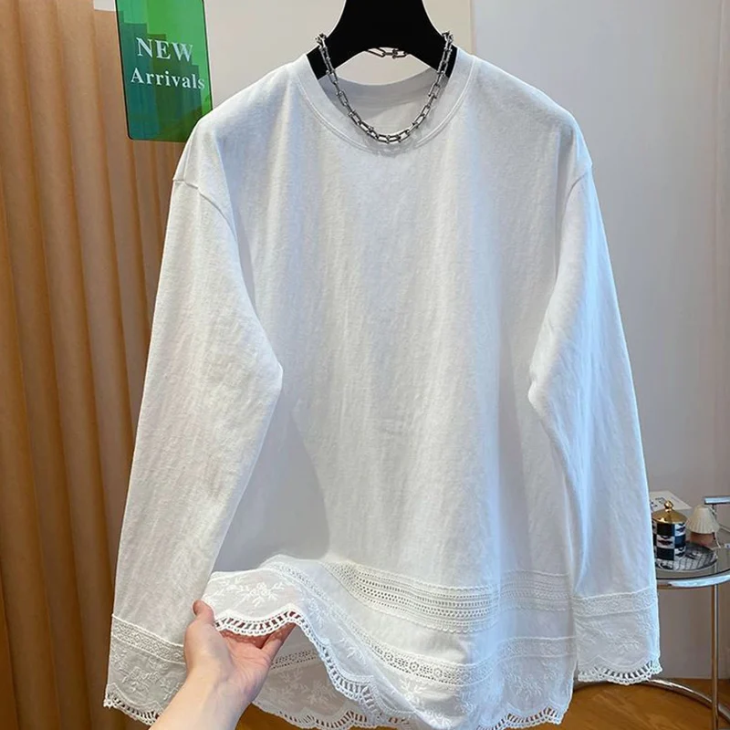 

Oversized Cotton Women Clothing Casual Korean O-neck Long Sleeve T-Shirts Female All-match Lace Patchwork Top Tee Autumn Tshirt