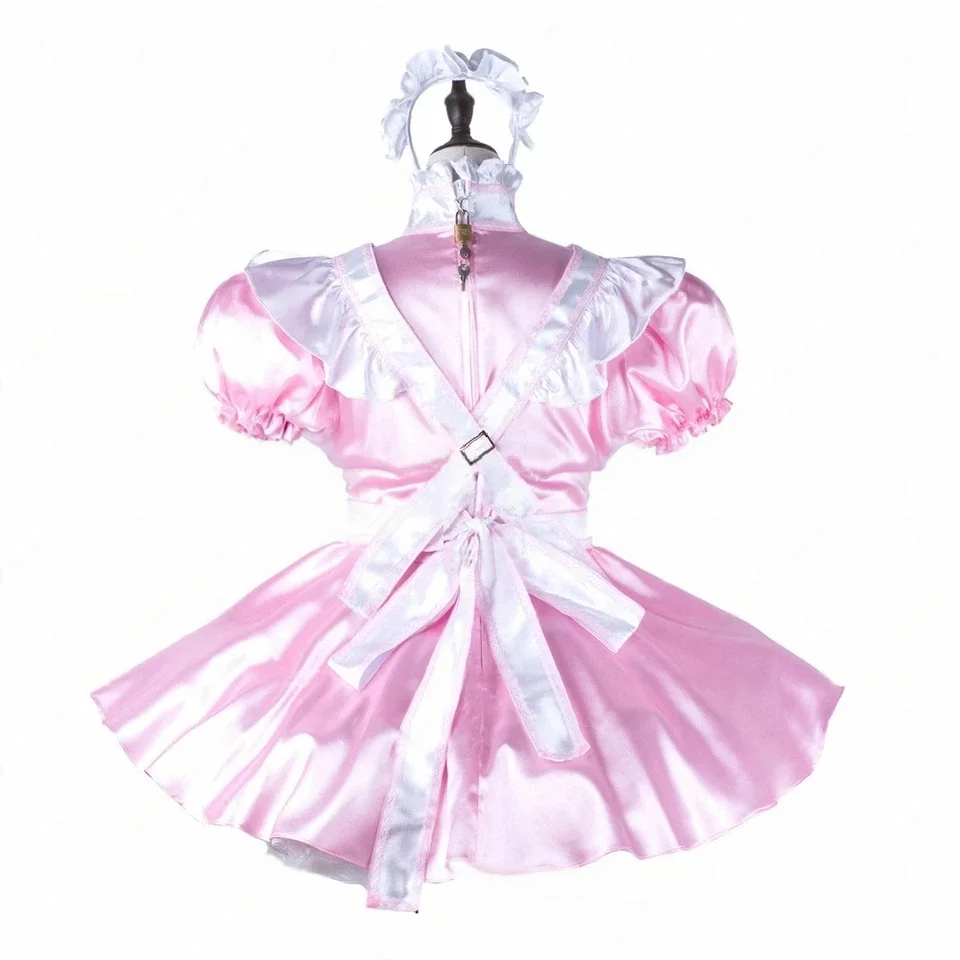 Sexy Sissy French maid pink satin heart-shaped chest, lockable ruffle edge cosplay costume customizable view 3