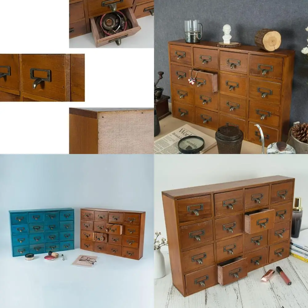 

Vintage Wooden Apothecary Cabinet with Tabletop Chests and Card Catalog Herb Storage Box for Desk Organization (Brown)