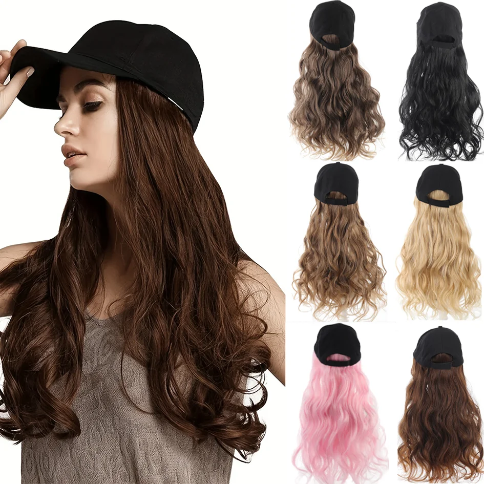 Synthetic Hat Wig 20 inch black baseball cap water wave wig ducktail wig blonde wig brown wig pink wig hat extensions christmas