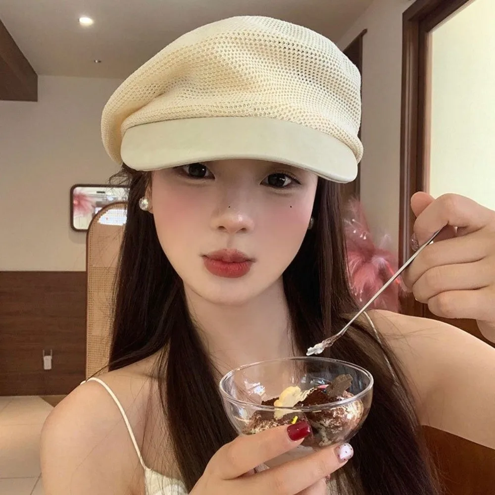 

Fashion Korean Hollow Knitted Beret Y2k Breathable Painter Berets Versatile Thin Beanie Cap Summer and Autumn