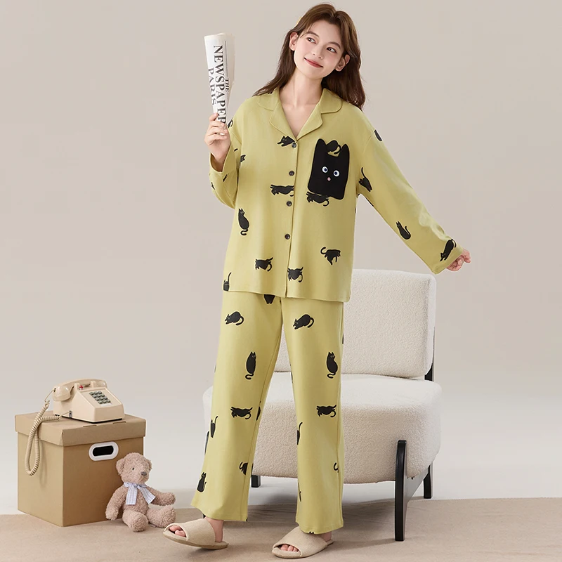 

Большие размеры M-4XL, весенне-осенние женские трикотажные хлопковые пижамы, женская одежда для сна с длинными рукавами и отложным воротником