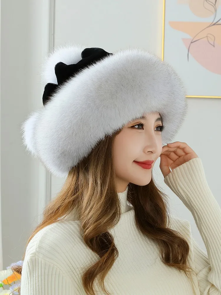 

New real hair hat for women fluffy warm plush fisherman fur face cap