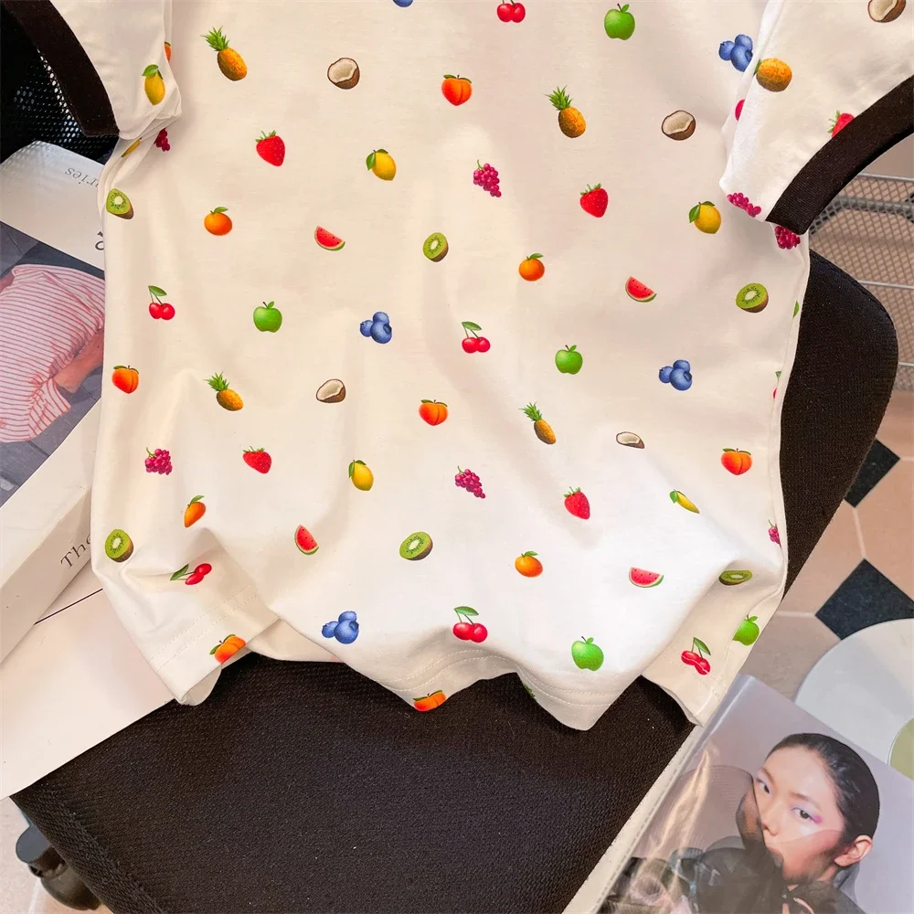 الكورية عالية الجودة القطن تي شيرت صغير أمريكا خمر المرأة لطيف الفواكه المطبوعة تيز القمم الصيف ملابس غير رسمية قصيرة الأكمام #6