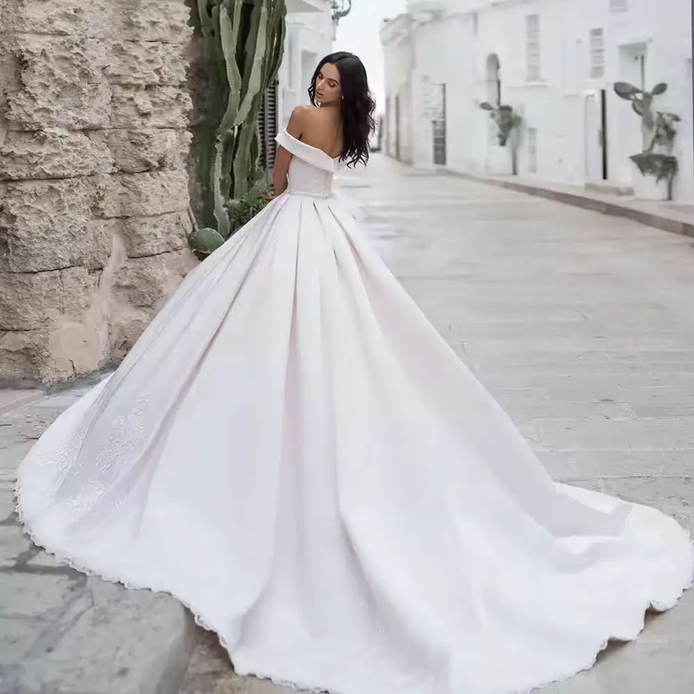 edding Dress Satin With Princess Ball Gown Bead Sashes Boat Neck Sleeveless Bride Button Customized Vestido De Novia