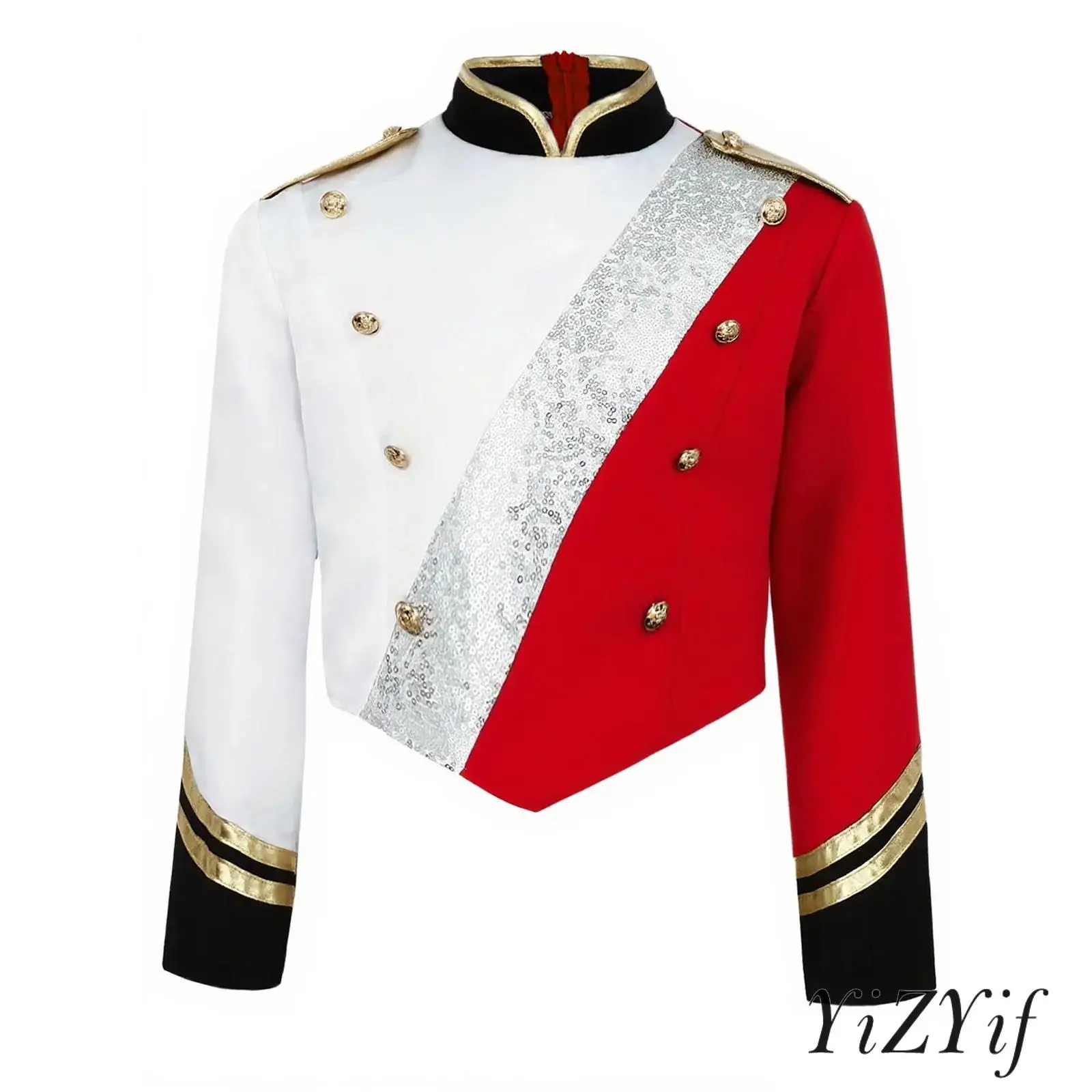 

Kids Boys Marching Parade Band Top Sequins Metallic Epaulets Zip Back Color Block Design Durable Performance Costume Stage Wear