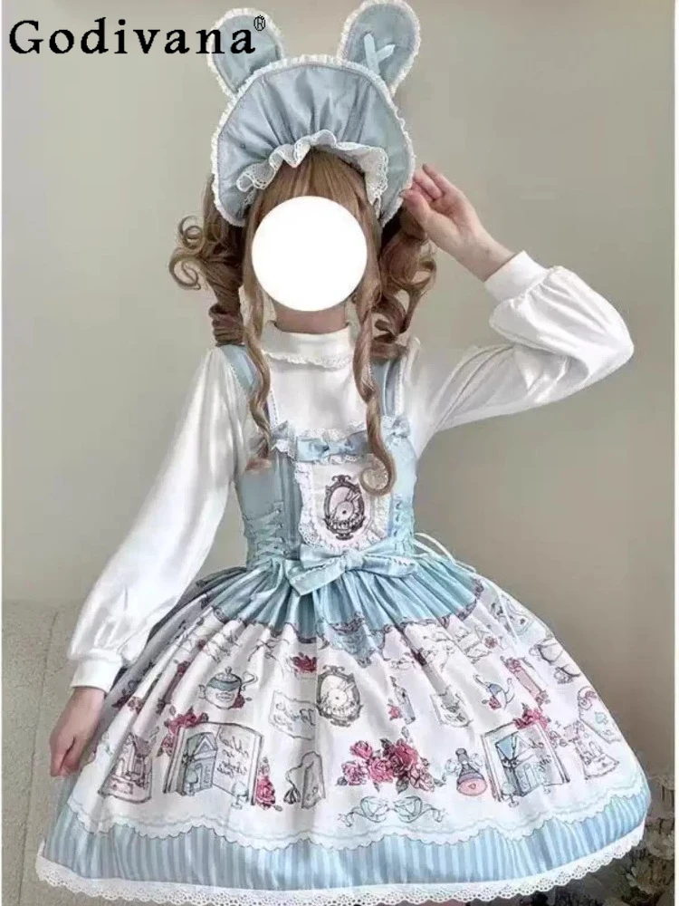

Japanese Sweet Lolita Dresses JSK Autumn New Girl's Cute Bow Lace Print Party Dress Princess Tea Party Y2K Mini Dress Women