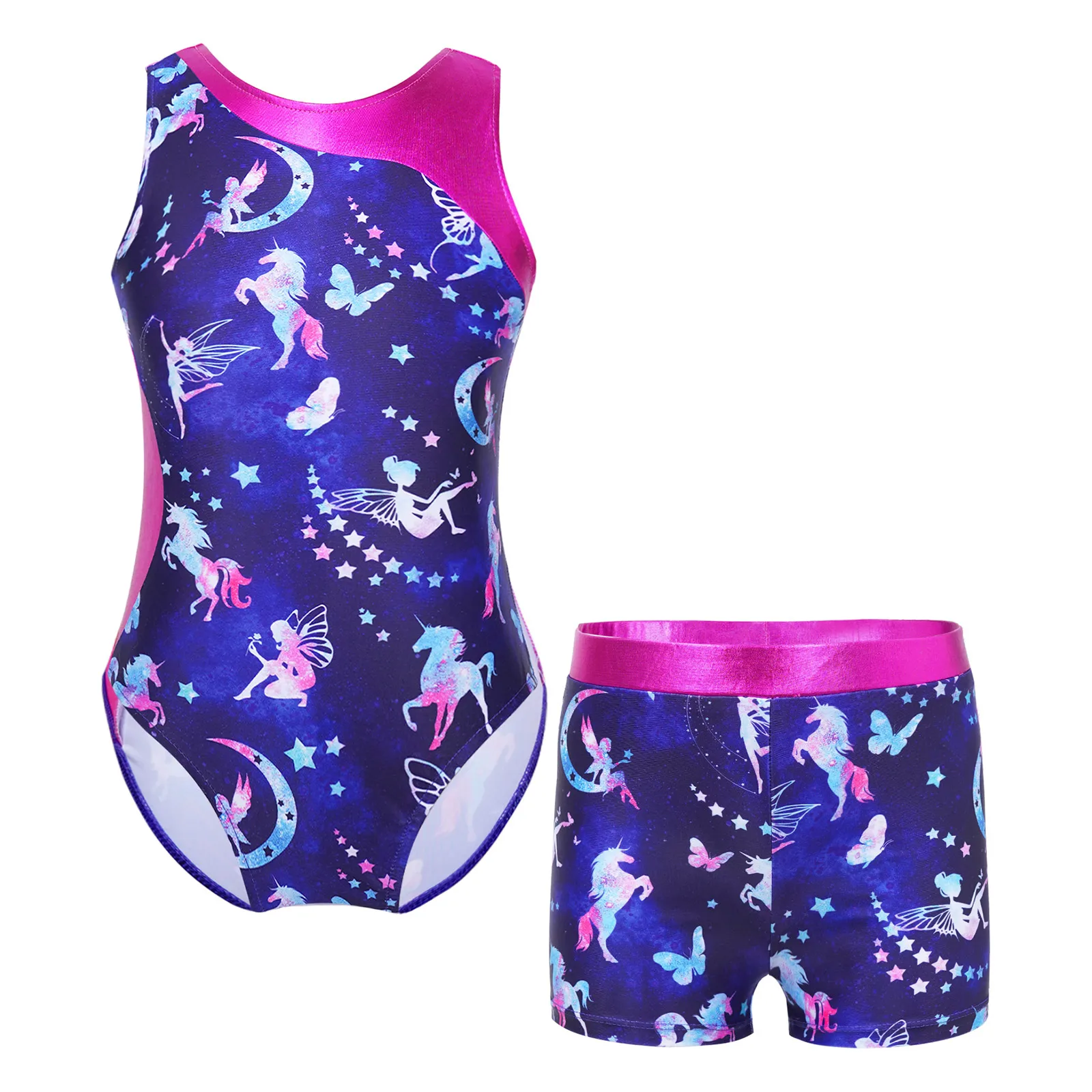 

Kids Girls Gymnastics Dance Ballet Unitards Biketards Outfit Sleeveless Leotard Jumpsuit Bodysuit with Athletic Shorts Suit