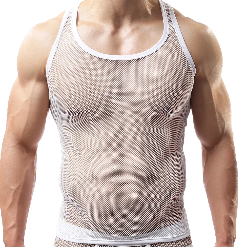 Men Solid Color See Through Mesh Tanks Top Sexy Transparent Fishnet Sleeveless Tank Top Male Perspective Bodybuilding Muscle Top