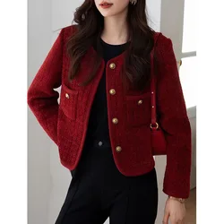 Lucyever Wine Red Tweed Coats Female 2024 Autumn Winter New Fashion Temperament Short Jacket Korean All-Match O-Neck Outerwear