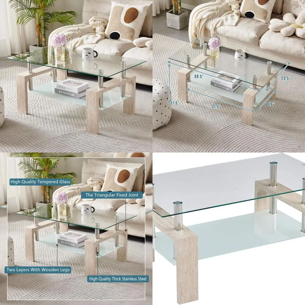 

Modern Rectangular Coffee Table with Wooden Legs, Glass Top and Lower Shelf, Ideal for Waiting Areas, Yellow Travertine Style