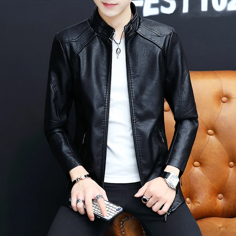 

Мужская кожаная куртка Sli, осенняя модная молодежная ветровка для мотоцикла, верхняя одежда, длинный воротник-стойка, подходит