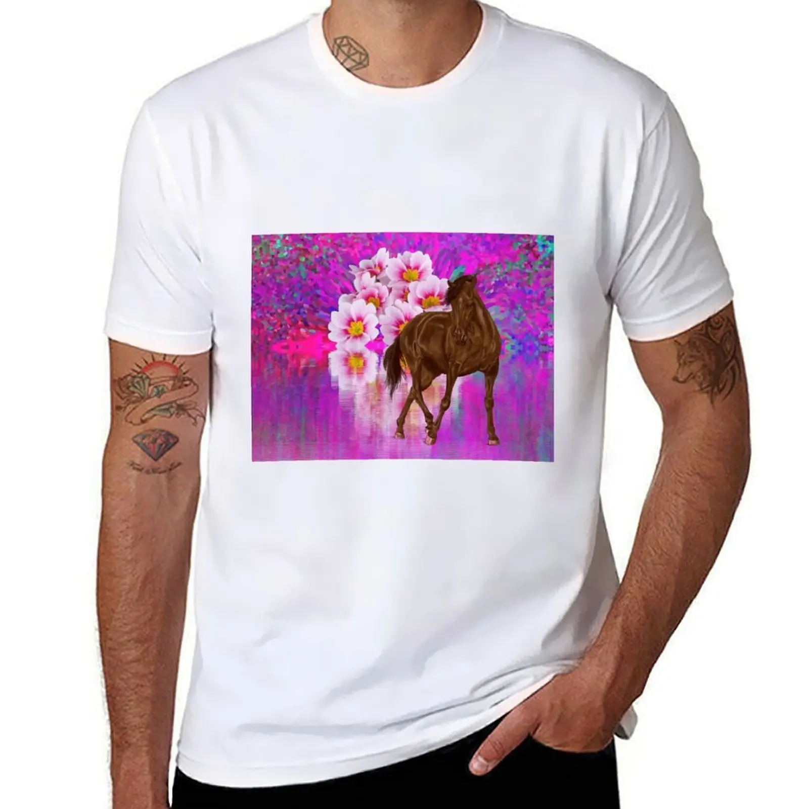 Camiseta marrón de caballo pura sangre de pie sobre el agua, camiseta de anime, camisetas para hombre, paquete de camiseta blanca