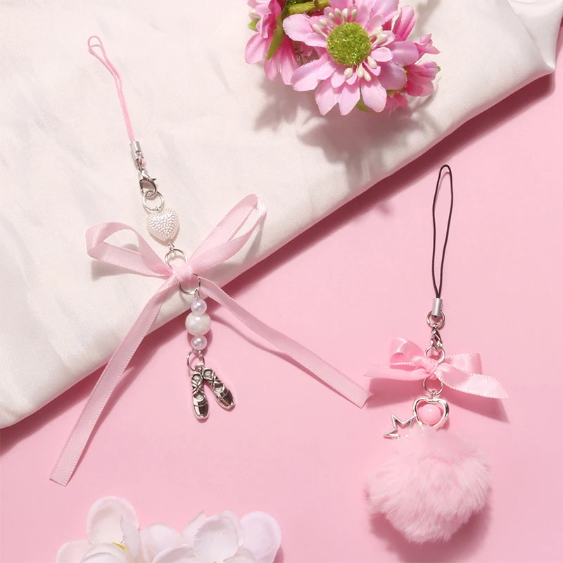 Phone Charm Phone Strap Ornament Delicate Pink Ball Woven Ribbon Bow Keychain Pendant Ribbons Bowknot Keyring For Bags Backpacks