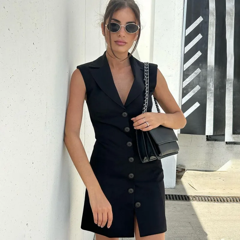 Moda monopetto Slim scollo a v abiti donna estate elegante gilet senza maniche nero colletto rovesciato Office Lady Streetwear