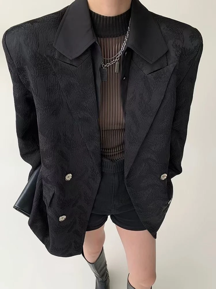 Oein-blazer feminino com colarinho de arma, jaqueta alta, estampado escuro dominador, blusa de blazer nova moda, primavera e outono, 2022