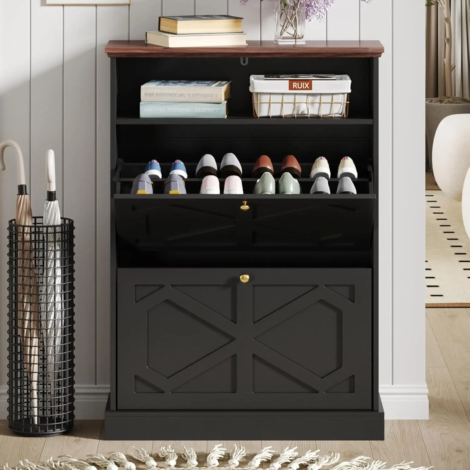 Shoe Storage Cabinet with 2 Flip Drawers,Shoe Cabinet with Open Storage,Hidden Shoe Storage Slim Storage Cabinet ,