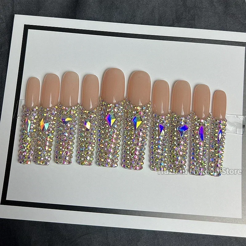 

Customized Handmade Bling Rhinestone 3XL Extra Long Coffin False Nail Tips Press On Nails Y2K Reusable Fake Nail With Glue Gift