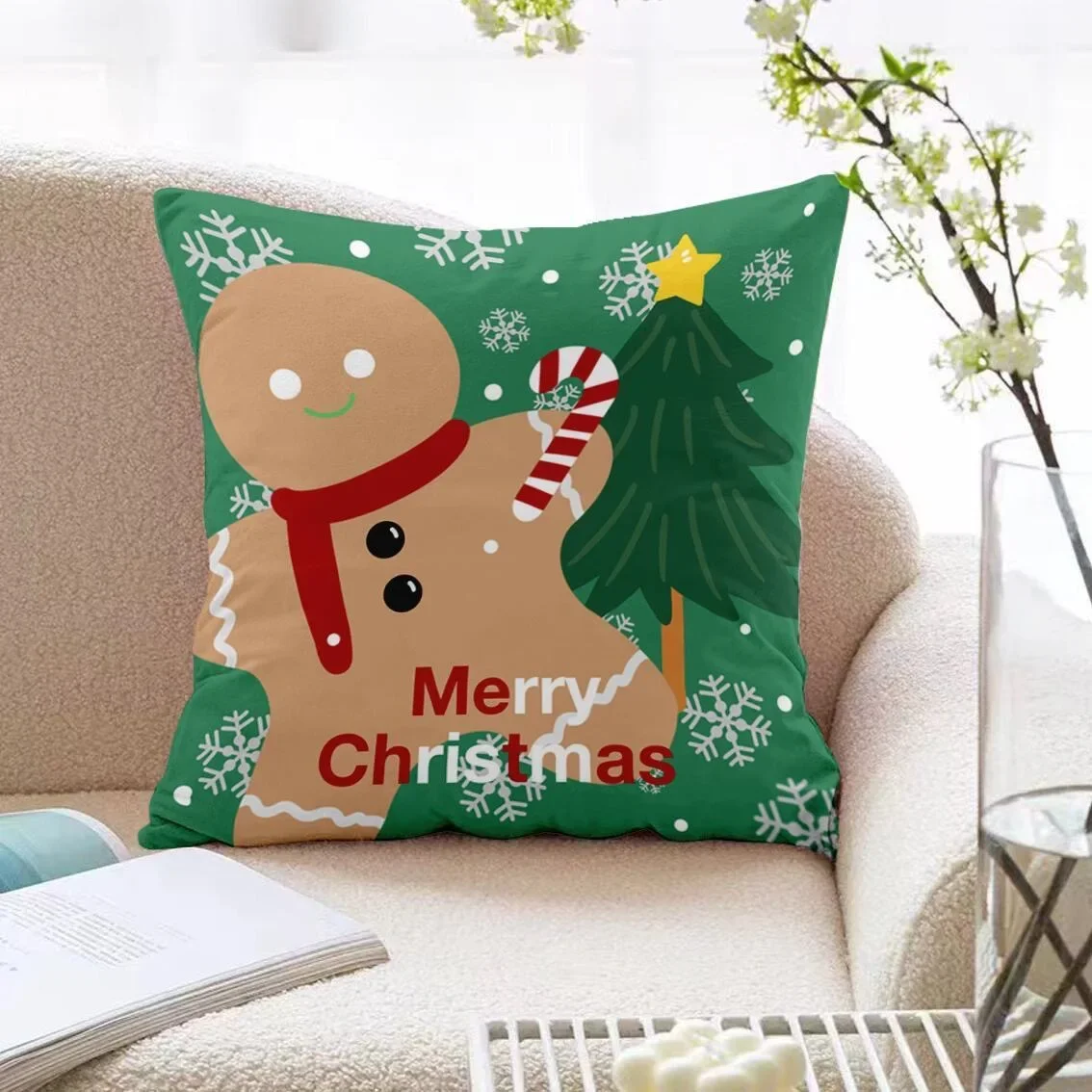 Funda de almohada quadrada de poliéster con elementos decorativos navideños, funda de cojín decorativo para sofá, sala de estar