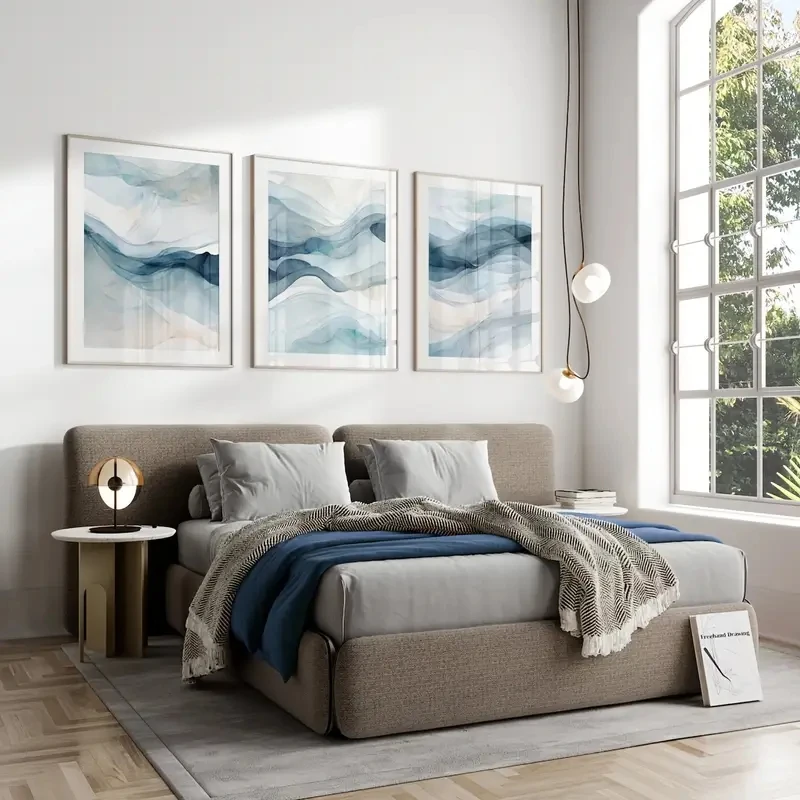 3 قطع/مجموعة طباعة قماشية بسيطة بألوان مائية حديثة تجريدية باللون الأزرق الداكن، مناسبة لتزيين غرفة المعيشة وغرفة النوم، فن جداري من القماش