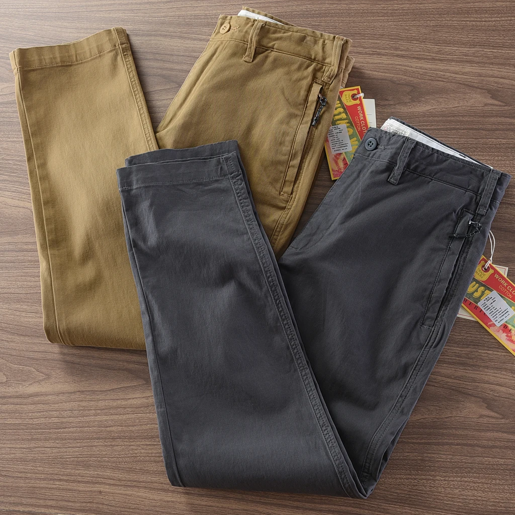 

Fall Winter New Retro Japanese Sle Men's Straight Leg Pure Cotton Stretch Casual Pants with ket Zipper Long Trousers