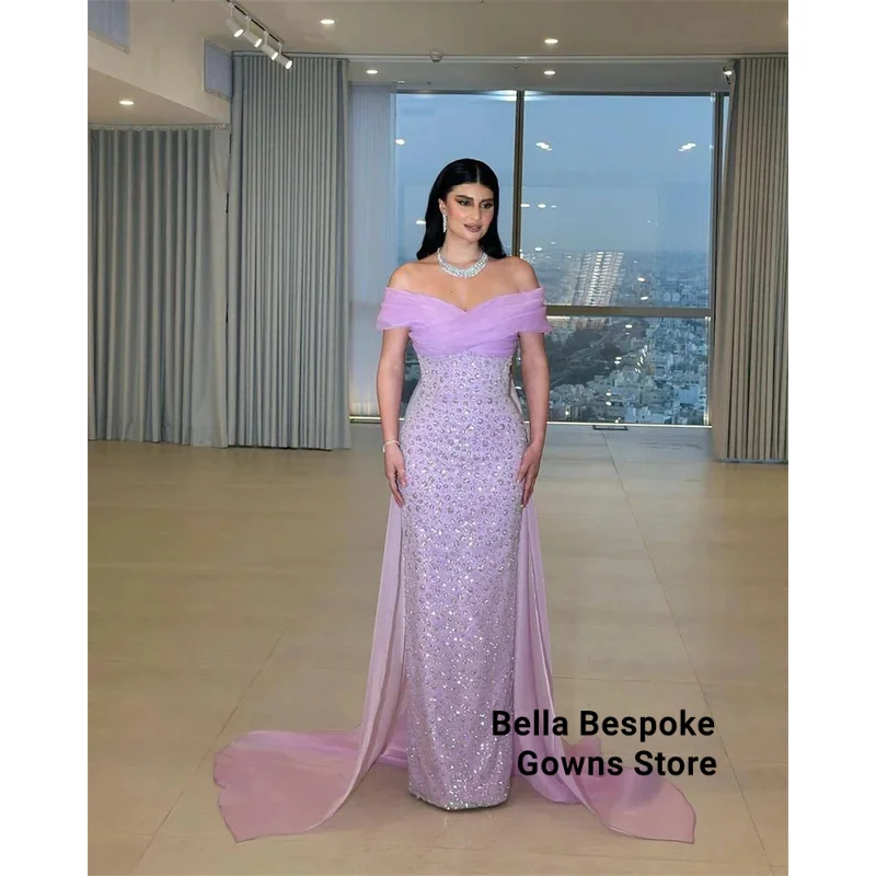 

Dubai Customized Crystal Off the Shoulder Column Prom Dresses Elegant Women's Evening Dress Detachable Shawl Party Dresses